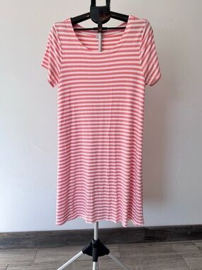 Talbots Coral & White Striped Midi Short Sleeve T-Shirt Dress Size Large